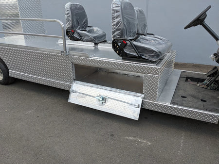 YAM-AMB-3SEAT-96X23 Ambulance Conversion for Yamaha Drive and Drive 2 Golf Cart featuring diamond plate aluminum construction, two covered seats, and a lockable side utility box, custom fabrication for golf carts.