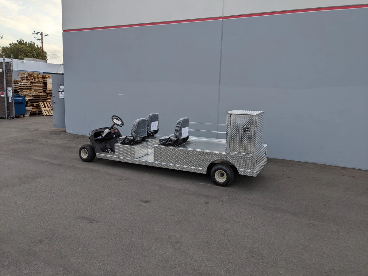 YAM-AMB-3SEAT-96X23 Ambulance Conversion for Yamaha Drive and Drive 2 Golf Cart with custom aluminum flatbed, utility box, and seating for three, designed for specialty golf cart applications.