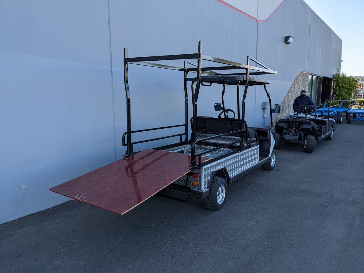 EVO-TURF-44X120-TLRI Top Mount Ladder Rack for mounting inside the bed of an Evolution Turfman 1000 installed on a golf cart with a large flatbed and custom fabrication for golf carts.