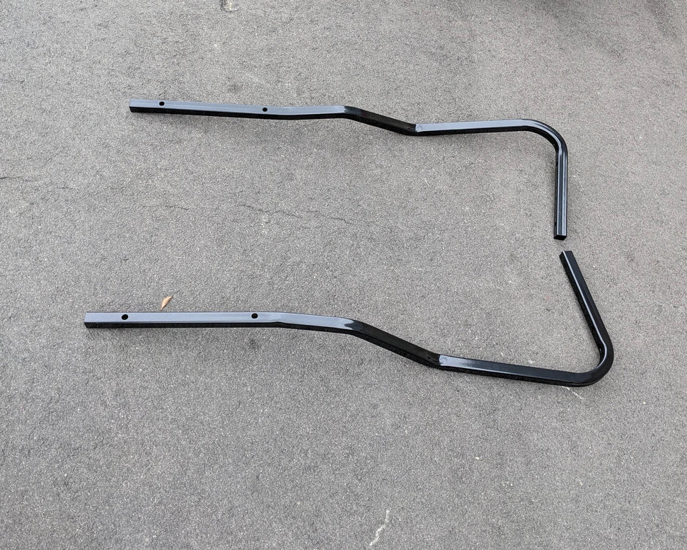 Black metal frame component designed as EZGO-RXV-FLAT-RTS REAR TOP SUPPORT FOR FLATBED CONVERSION, custom fabrication for golf carts flatbeds and utility cargo support.
