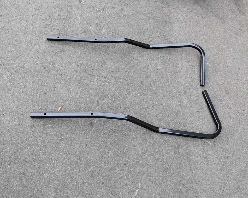 Black metal frame component designed as EZGO-RXV-FLAT-RTS REAR TOP SUPPORT FOR FLATBED CONVERSION, custom fabrication for golf carts flatbeds and utility cargo support.