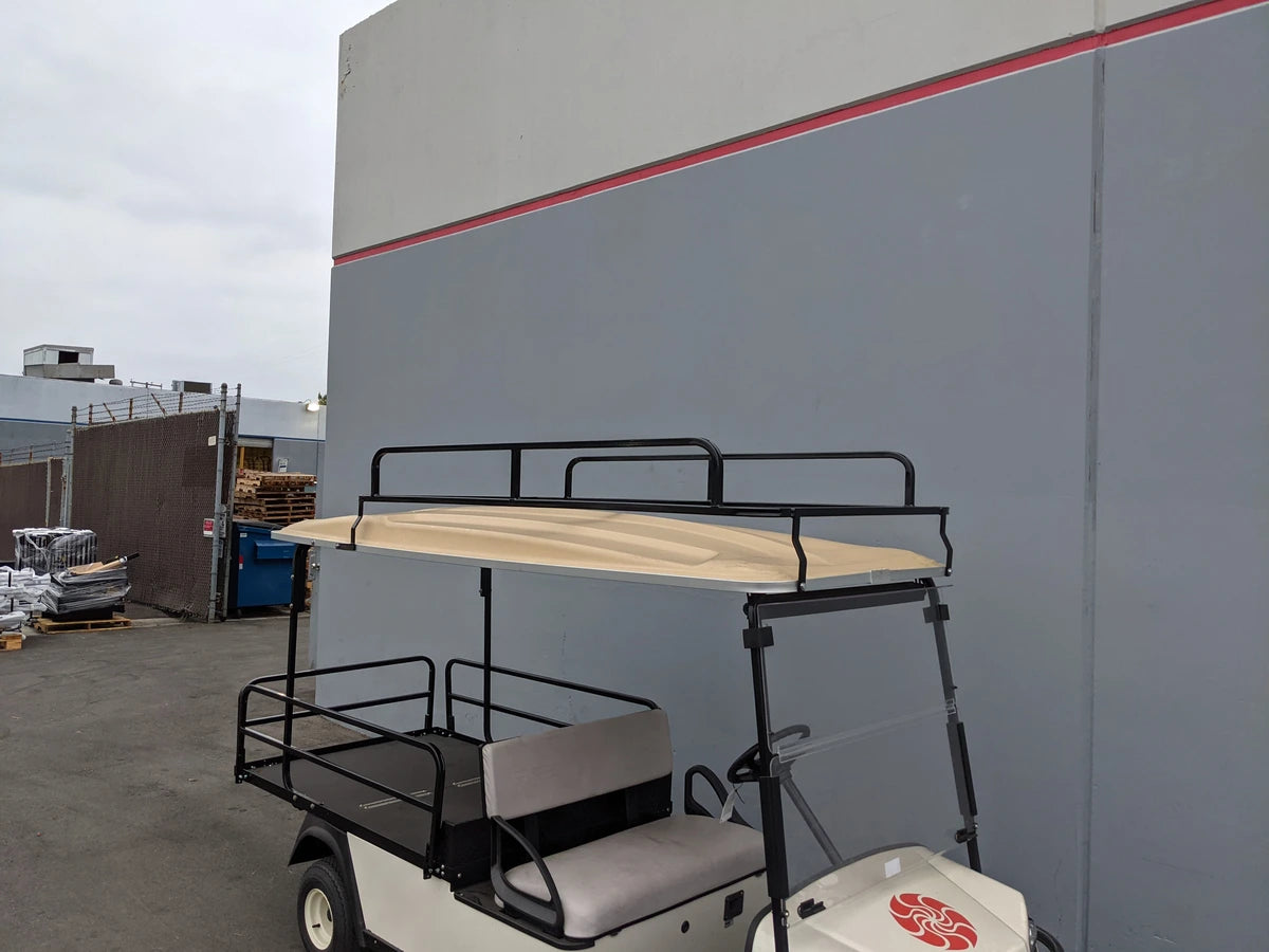 CUSH-SHUTTLE2-84LR CUSHMAN SHUTTLE 2 LADDER RACK custom fabrication mounted on a golf cart roof, designed for carrying ladders and cargo securely.