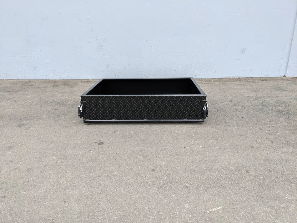 EZGO-RXV-UTIL31 EZ GO RXV UTILITY BOX black diamond plate flatbed utility box designed for custom fabrication on golf carts, providing durable cargo storage solution.