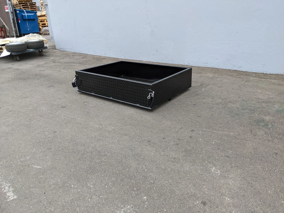 EZGO-RXV-UTIL31 EZ GO RXV UTILITY BOX black metal utility box designed for custom fabrication on golf carts, suitable for cargo storage and utility purposes.