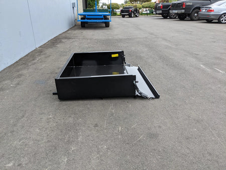 Black metal utility box with an open lid designed for custom fabrication for golf carts, labeled EZGO-RXV-UTIL31 EZ GO RXV UTILITY BOX, shown outdoors on pavement.