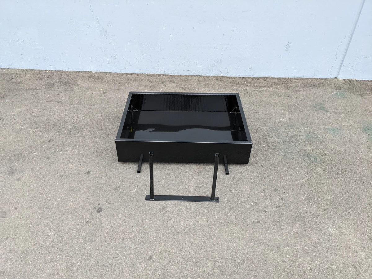 EZGO-RXV-UTIL31 EZ GO RXV UTILITY BOX black metal utility box with mounting brackets, custom fabrication for golf carts, designed for cargo and storage purposes.