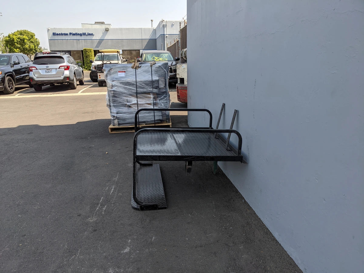 CUSH-800-SB-COMBO CUSHMAN 800 REAR FACING FLIP SEAT FLATBED COMBINATION custom fabrication for golf carts, heavy-duty black metal flatbed with rear flip seat and safety rails.