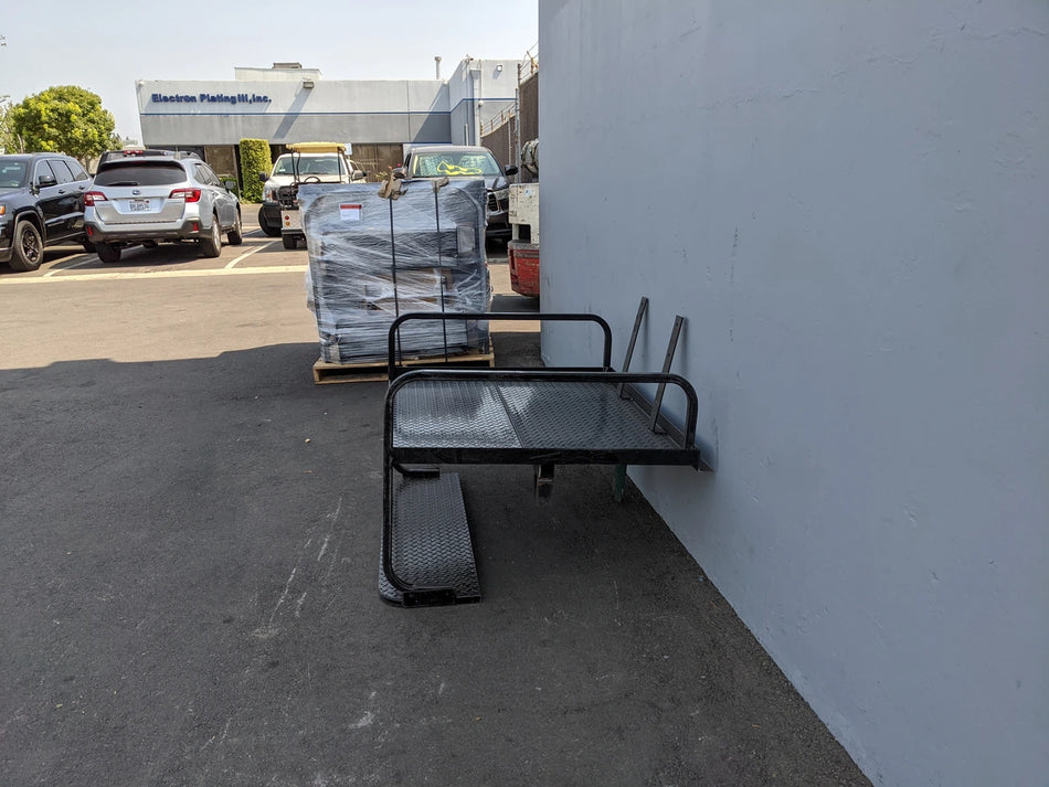 CUSH-800-SB-COMBO CUSHMAN 800 REAR FACING FLIP SEAT FLATBED COMBINATION custom fabrication for golf carts, heavy-duty black metal flatbed with rear flip seat and safety rails.