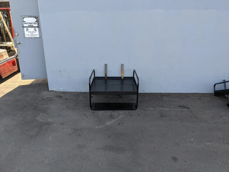 EZGO-TXT-SB-COMBO EZ GO TXT FLIP OVER SEAT/BOX COMBO black metal cargo box designed for custom fabrication for golf carts, featuring a sturdy flatbed with side handles for utility and storage.
