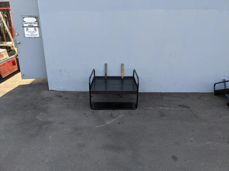 EZGO-TXT-SB-COMBO EZ GO TXT FLIP OVER SEAT/BOX COMBO black metal cargo box designed for custom fabrication for golf carts, featuring a sturdy flatbed with side handles for utility and storage.