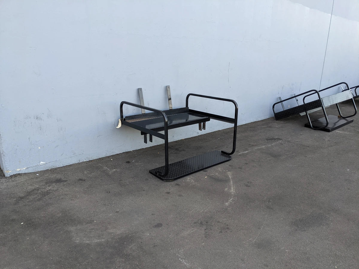 EZGO-TXT-SB-COMBO EZ GO TXT FLIP OVER SEAT/BOX COMBO in black metal with custom fabrication for golf carts, designed for cargo or utility storage and seat conversion.