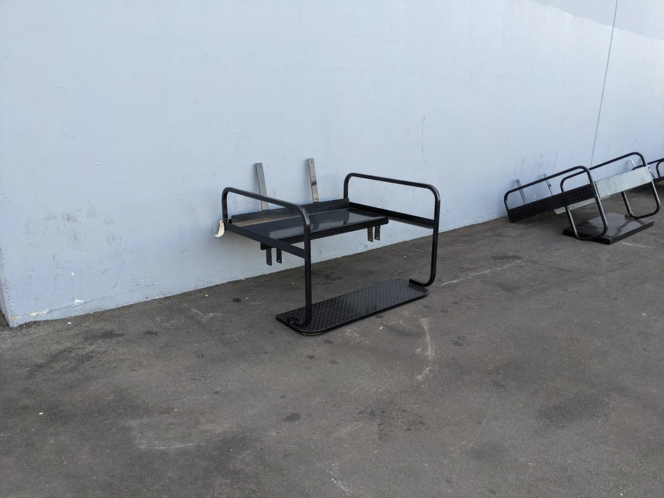 EZGO-TXT-SB-COMBO EZ GO TXT FLIP OVER SEAT/BOX COMBO in black metal with custom fabrication for golf carts, designed for cargo or utility storage and seat conversion.