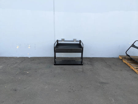 EZGO-RXV-SB-COMBO EZ GO RXV HEAVY-DUTY SEAT BOX COMBO custom fabrication designed for golf carts, featuring a sturdy metal frame and utility box with dual cup holders.