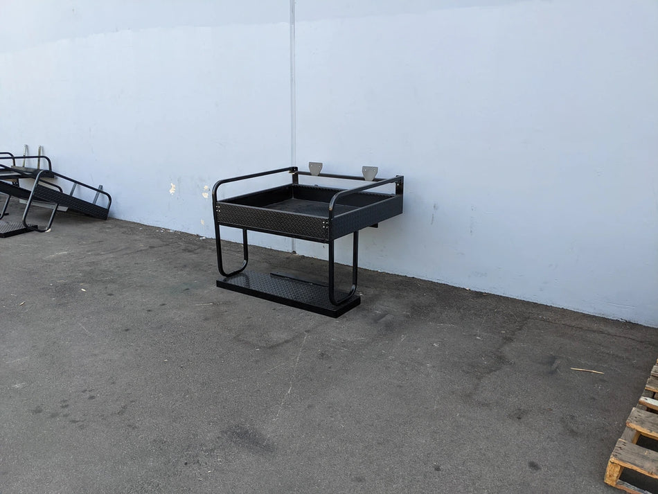 EZGO-RXV-SB-COMBO EZ GO RXV HEAVY-DUTY SEAT BOX COMBO designed for custom fabrication of golf carts, featuring a sturdy metal frame and spacious utility box for cargo and accessories.