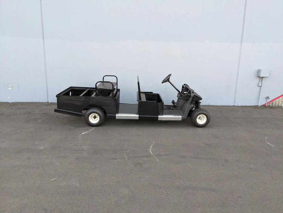 EZGO-RXV-ST-FLAT-CONV-72 EZ GO RXV FLATBED RETROFIT WITH CONVERTIBLE SEAT custom fabrication golf cart with black metal flatbed and convertible seat for cargo and utility use.