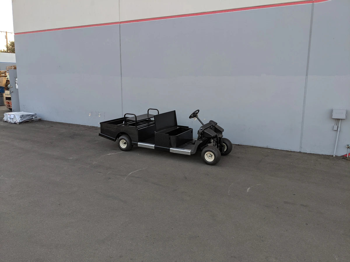 EZGO-RXV-ST-FLAT-CONV-72 EZ GO RXV FLATBED RETROFIT WITH CONVERTIBLE SEAT golf cart with custom flatbed design for cargo and utility use, ideal for specialty golf cart applications.