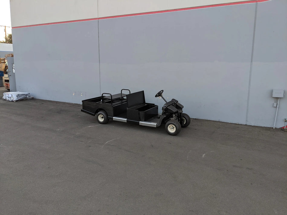 EZGO-RXV-ST-FLAT-CONV-72 EZ GO RXV FLATBED RETROFIT WITH CONVERTIBLE SEAT golf cart with custom flatbed design for cargo and utility use, ideal for specialty golf cart applications.