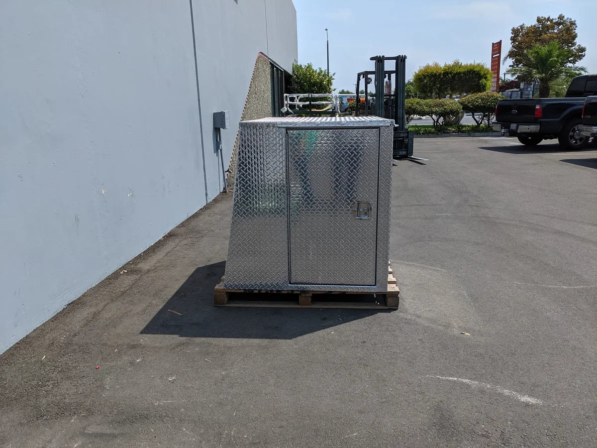YAM-UMAX-CARGO42X48X42-4D Locking Cargo Box with Doors on Three Sides made of diamond plate metal, designed for custom fabrication for golf carts with secure locking and multiple access points.