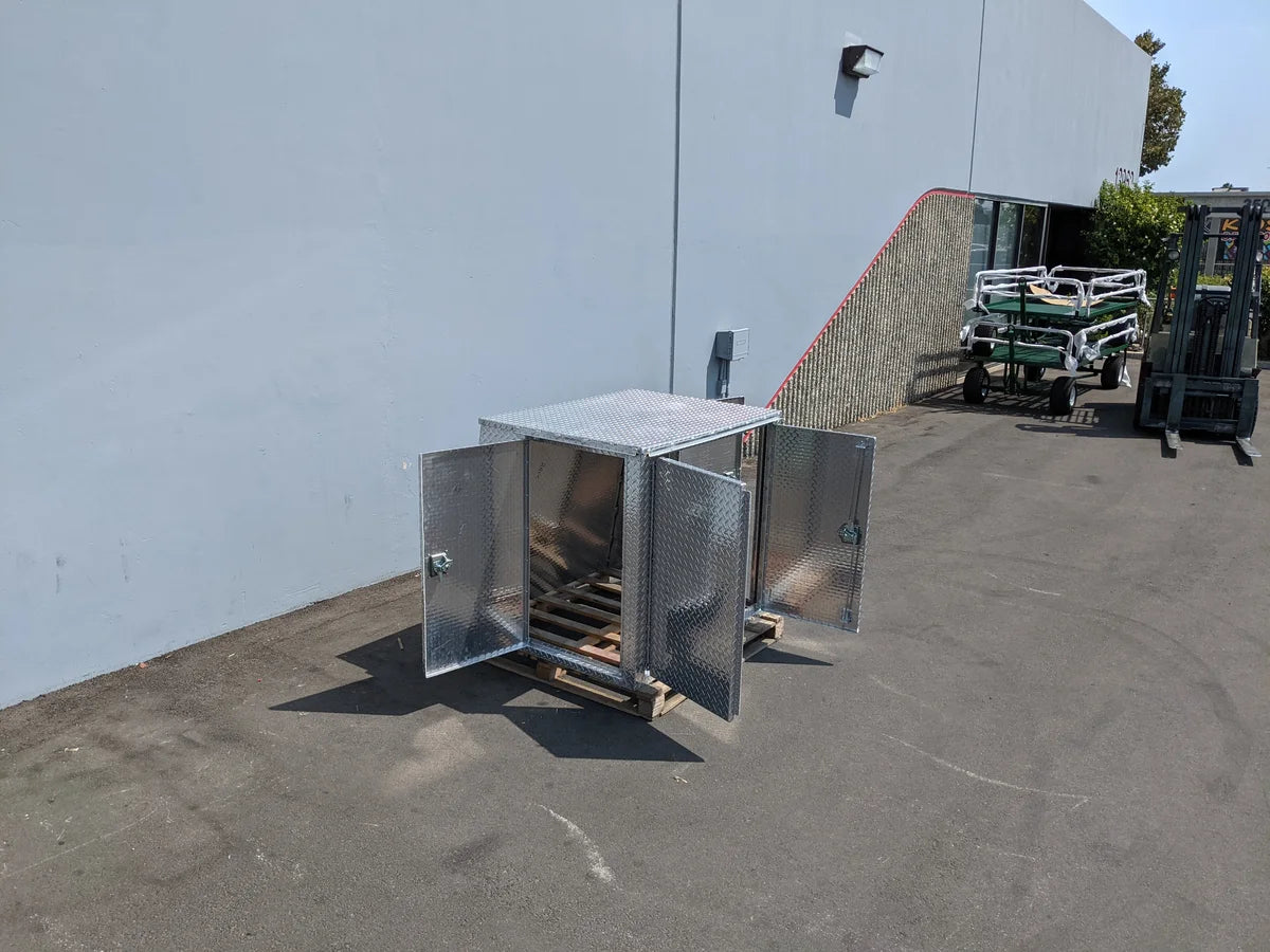 YAM-UMAX-CARGO42X48X42-4D Locking Cargo Box with Doors on Three Sides, custom fabricated for golf carts, features durable metal construction ideal for secure cargo and utility storage.