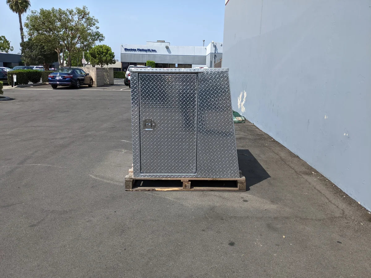 YAM-UMAX-CARGO42X48X42-4D Locking Cargo Box with Doors on Three Sides featuring diamond plate metal design, custom fabrication for golf carts, ideal for secure utility cargo storage.