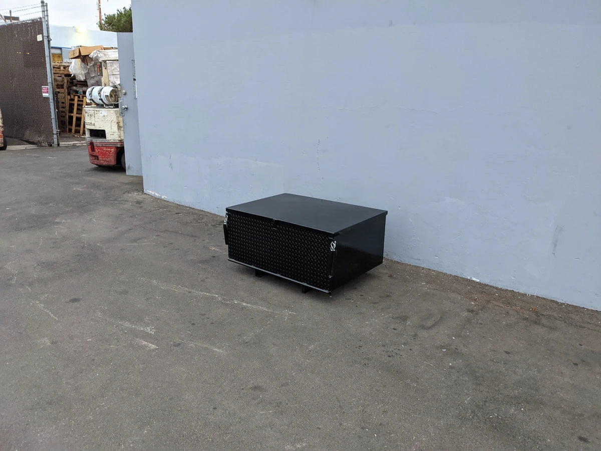 EZGO-TXT-CARGO31 EZ GO TXT LOCKING CARGO BOX in black metal construction for secure storage, designed as custom fabrication for golf carts, ideal for cargo and utility use.