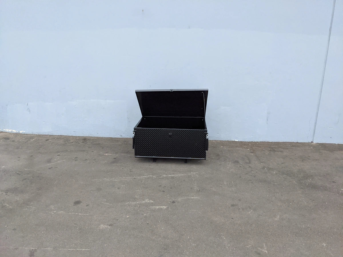 EZGO-TXT14+-CARGO31 EZ GO TXT 2014 AND NEWER MODEL LOCKING CARGO BOX in black diamond plate metal with lid open, custom fabrication for golf carts, suitable for utility and cargo storage.