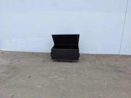 EZGO-TXT14+-CARGO31 EZ GO TXT 2014 AND NEWER MODEL LOCKING CARGO BOX in black diamond plate metal with lid open, custom fabrication for golf carts, suitable for utility and cargo storage.