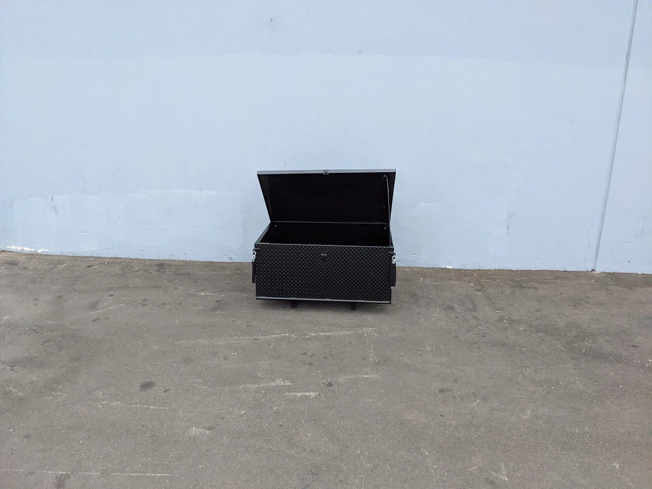 EZGO-TXT14+-CARGO31 EZ GO TXT 2014 AND NEWER MODEL LOCKING CARGO BOX in black diamond plate metal with lid open, custom fabrication for golf carts, suitable for utility and cargo storage.