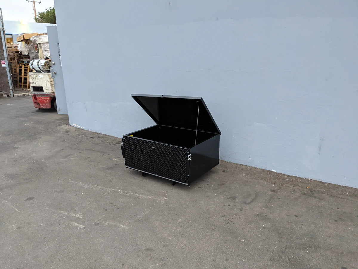 EZGO-TXT14+-CARGO31 EZ GO TXT 2014 AND NEWER MODEL LOCKING CARGO BOX in black metal with a textured surface, custom fabrication for golf carts, designed for secure cargo storage.