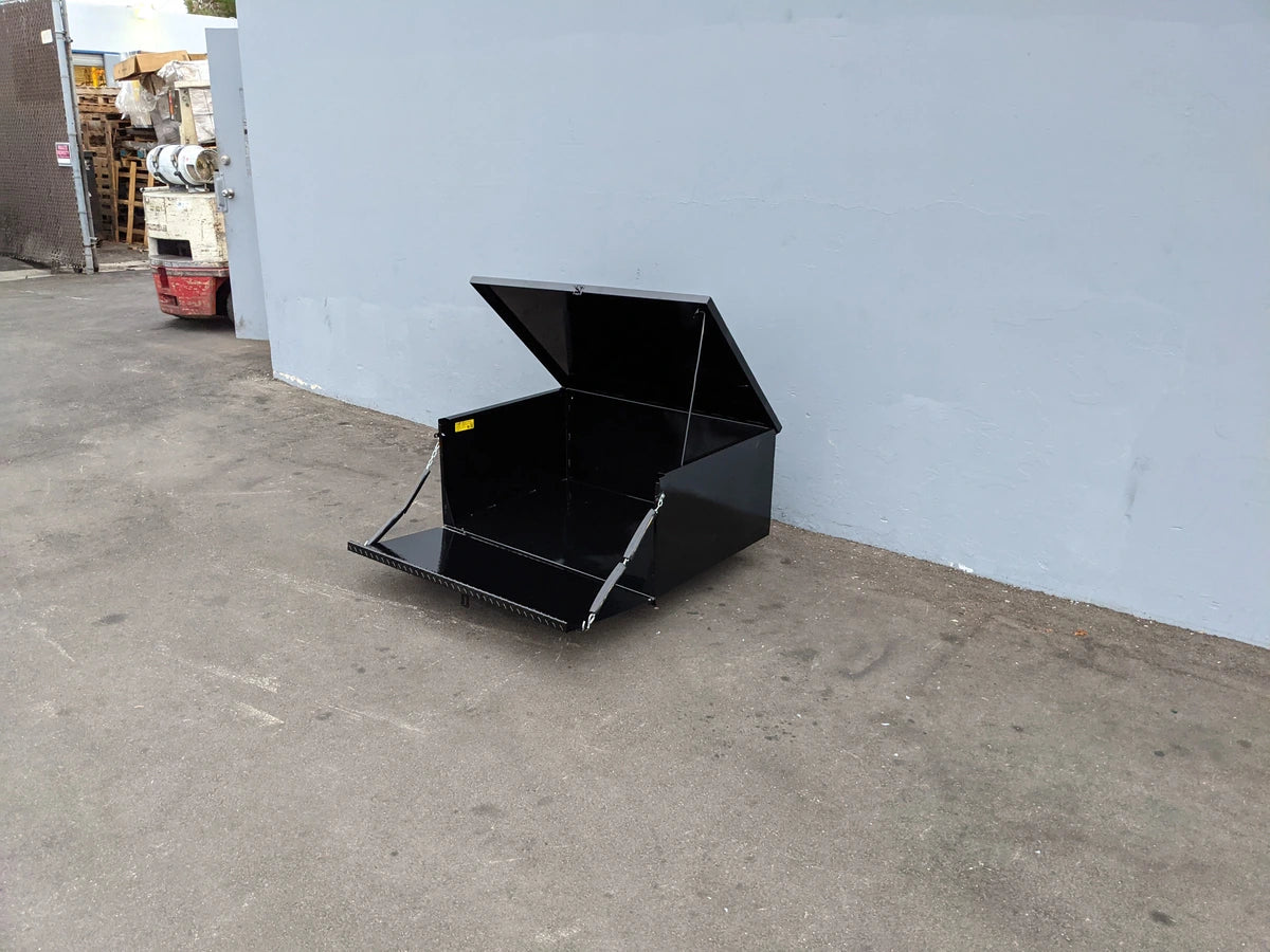 EZGO-TXT14+-CARGO31 EZ GO TXT 2014 AND NEWER MODEL LOCKING CARGO BOX shown open against a gray wall, custom fabrication for golf carts, designed for secure cargo storage.
