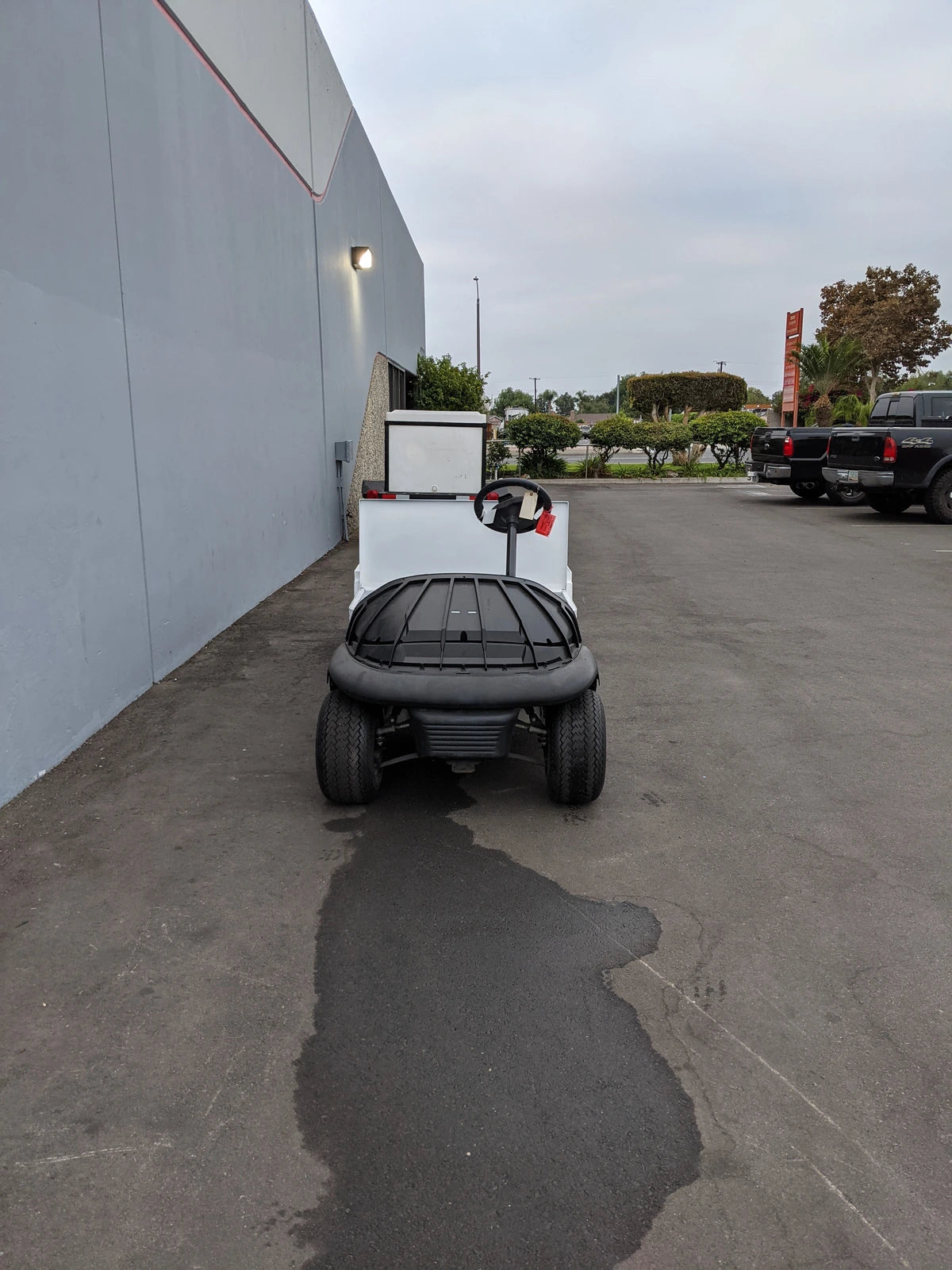 Front view of a custom white golf cart featuring CC-PREC-ST-FLAT-72 CLUB CAR PRECEDENT 6 FOOT FLATBED CONVERSION with a black protective cargo rack, showcasing unique flatbed utility for specialty golf cart beds.