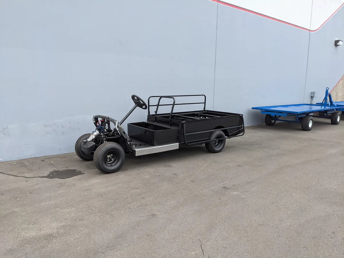 YAM-DRIVE2-ST-FLAT-72 YAMAHA DRIVE 2 6FT FLATBED CONVERSION custom fabricated for golf carts, featuring a black flatbed cargo area with metal side rails and utility storage compartments.