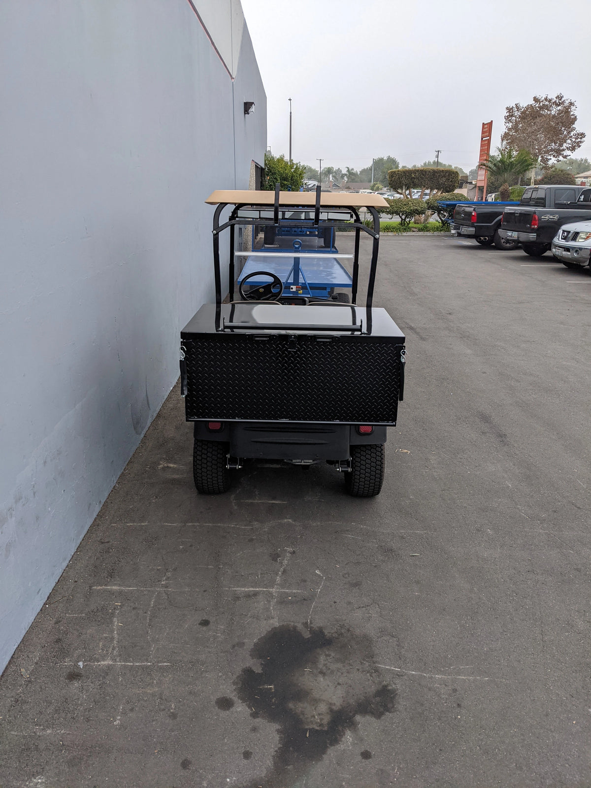 Rear view of a golf cart equipped with the CUSH-800-CARGO31-GS HEAVY DUTY LOCKING CARGO BOX FOR CUSHMAN 800 SERIES, showcasing custom fabrication for golf carts designed for secure cargo storage.