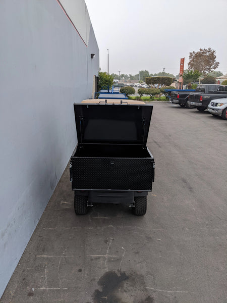 CUSH-800-CARGO31-GS HEAVY DUTY LOCKING CARGO BOX FOR CUSHMAN 800 SERIES open on a golf cart, custom fabrication for golf carts, designed for secure cargo and utility storage.