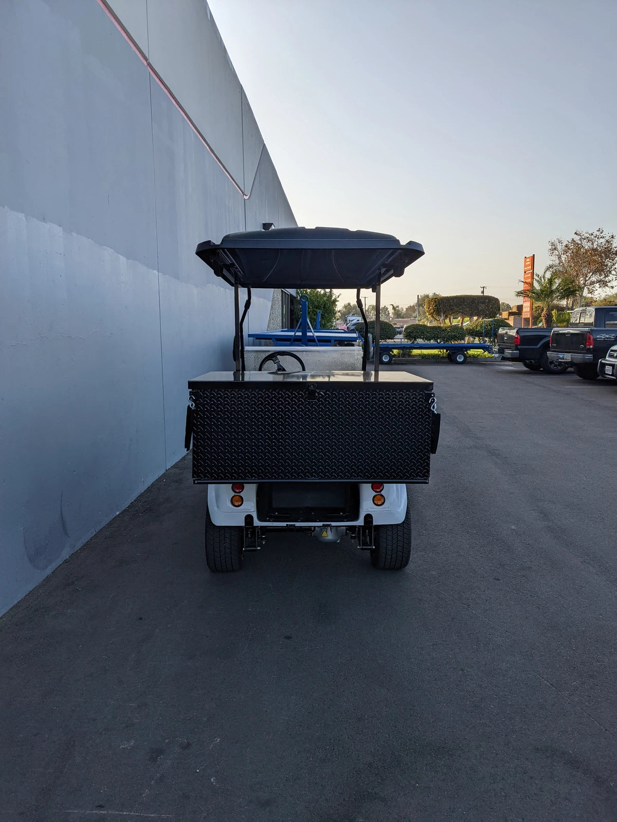 Rear view of a golf cart equipped with the EVO-CLASSIC-CARGO31 EVOLUTION CLASSIC LOCKING CARGO BOX, custom fabricated for golf carts, designed for secure cargo and utility storage.