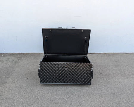 CUSH-800-CARGO31-GS HEAVY DUTY LOCKING CARGO BOX FOR CUSHMAN 800 SERIES with black diamond plate design, open lid, custom fabrication for golf carts, suited for cargo and utility storage.