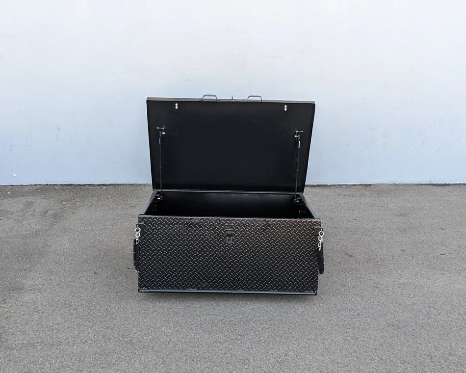 CUSH-800-CARGO31-GS HEAVY DUTY LOCKING CARGO BOX FOR CUSHMAN 800 SERIES with black diamond plate design, open lid, custom fabrication for golf carts, suited for cargo and utility storage.