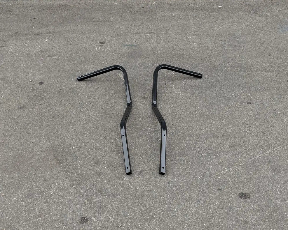Pair of black metal brackets designed for CC-ONWARD-RTS CLUB CAR ONWARD REAR TOP SUPPORT, custom fabricated for golf carts, ideal for structural reinforcement.