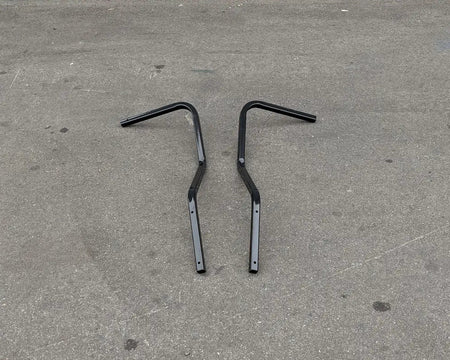 Pair of black metal brackets designed for CC-ONWARD-RTS CLUB CAR ONWARD REAR TOP SUPPORT, custom fabricated for golf carts, ideal for structural reinforcement.