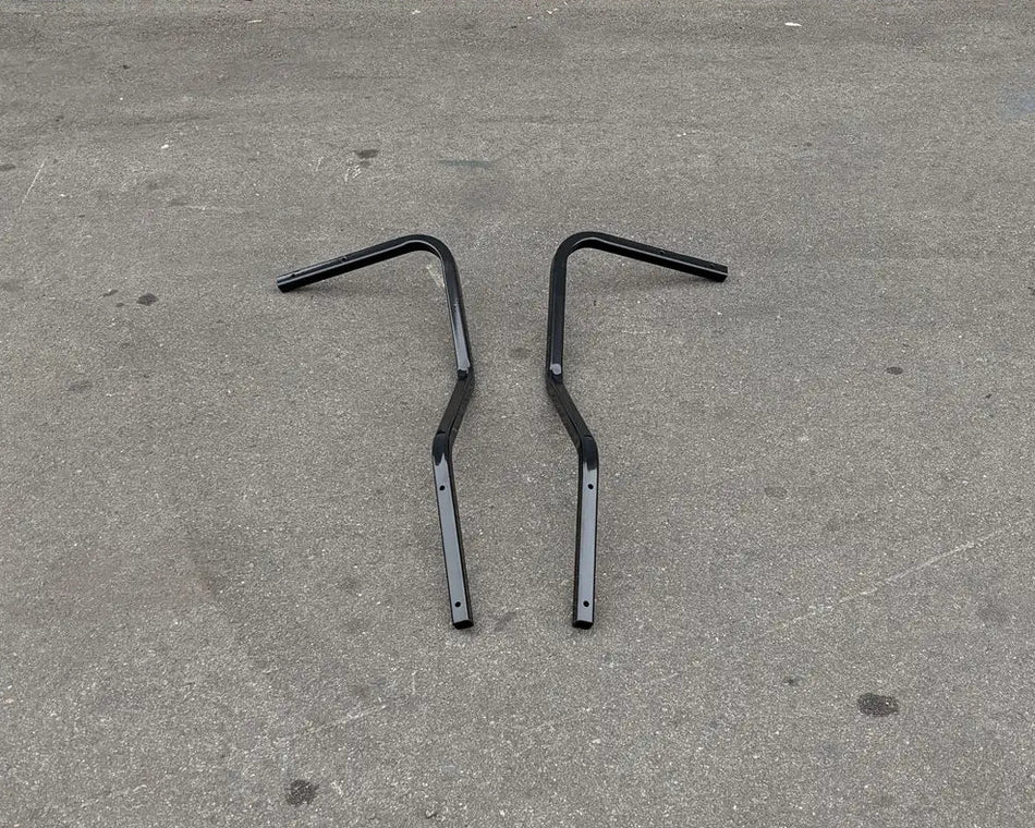 Pair of black metal brackets designed for CC-ONWARD-RTS CLUB CAR ONWARD REAR TOP SUPPORT, custom fabricated for golf carts, ideal for structural reinforcement.