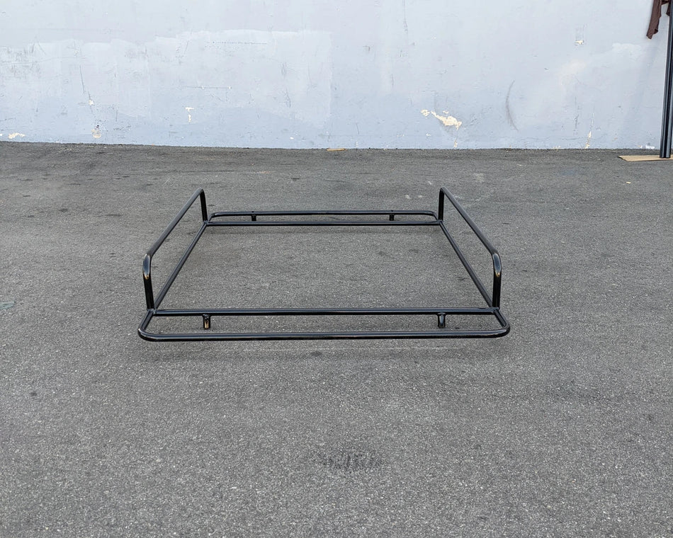 Black metal frame aluminum ladder rack designed for custom fabrication on golf carts, specifically the EZGO-TXT14+VLRCHP-54LRA EZ GO TXT 2014 AND NEWER, VALOR, CUSHMAN HAULER PRO ALUMINUM LADDER RACK.