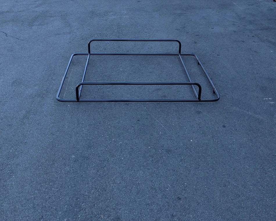 EZGO-TXT14+VLRCHP-54LRA EZ GO TXT 2014 AND NEWER, VALOR, CUSHMAN HAULER PRO ALUMINUM LADDER RACK shown on pavement, designed for custom fabrication for golf carts.