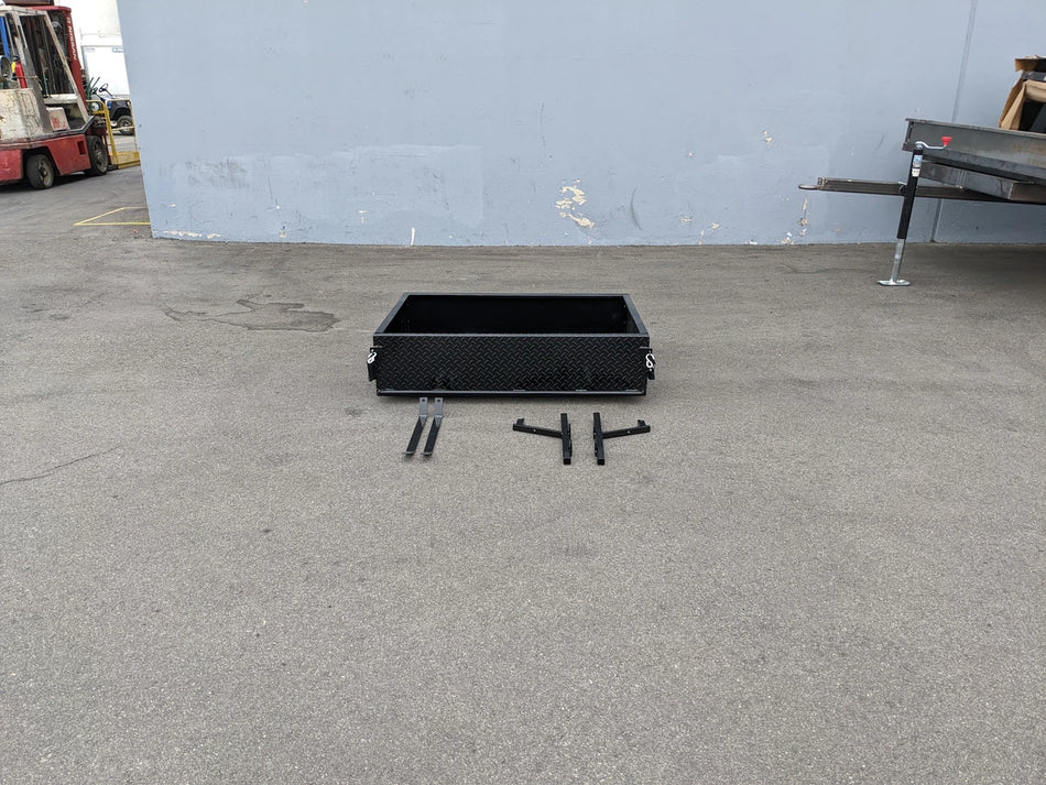 YAM-DRIVE-UTIL31 YAMAHA DRIVE HEAVY-DUTY INDUSTRIAL UTILITY BOX WITH TAILGATE in black metal with custom fabrication for golf carts, shown with mounting brackets on concrete surface.