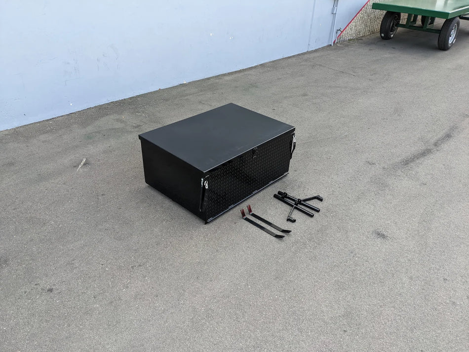 YAM-DRIVE-CARGO31 YAMAHA DRIVE LOCKING CARGO BOX in black metal with mounting hardware, custom fabrication for golf carts providing secure cargo storage solution.