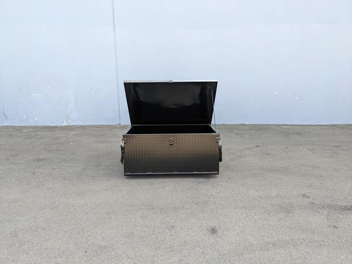 Black metal locking cargo box with diamond plate pattern, open lid showing interior, designed as custom fabrication for golf carts, YAM-DRIVE-CARGO31 YAMAHA DRIVE LOCKING CARGO BOX.
