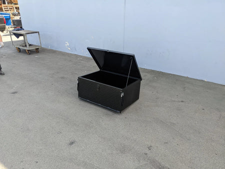 YAM-DRIVE-CARGO31 YAMAHA DRIVE LOCKING CARGO BOX in black metal with an open lid, designed for custom fabrication for golf carts and secure cargo storage.