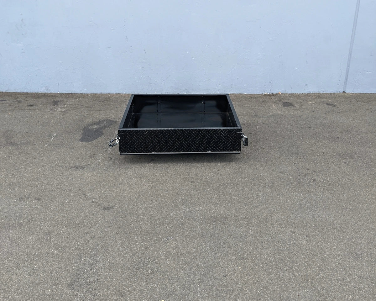 EZGO-TXT14+-UTIL42 EZGO TXT 2014 AND NEWER EXTENDED UTILITY BOX WITH TAILGATE, a custom fabricated black metal utility box designed for golf carts, ideal for cargo and storage needs.