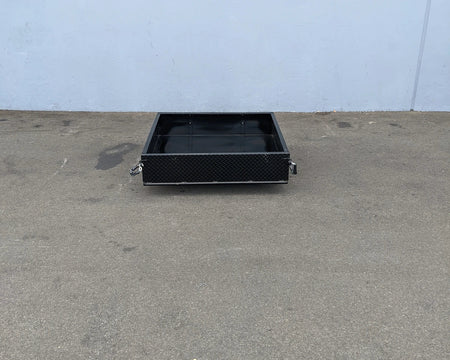 EZGO-TXT14+-UTIL42 EZGO TXT 2014 AND NEWER EXTENDED UTILITY BOX WITH TAILGATE, a custom fabricated black metal utility box designed for golf carts, ideal for cargo and storage needs.