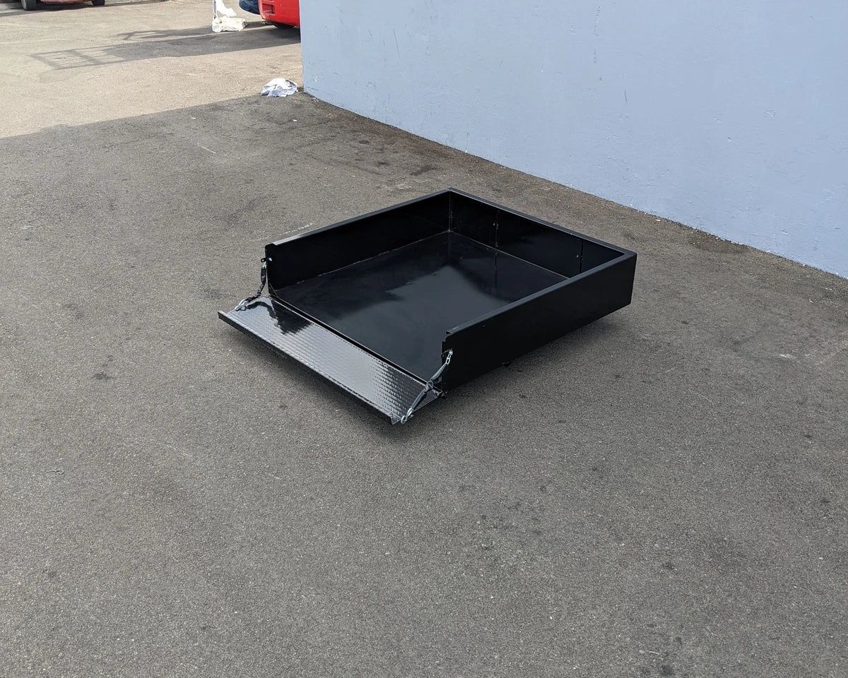 EZGO-TXT14+-UTIL42 EZGO TXT 2014 AND NEWER EXTENDED UTILITY BOX WITH TAILGATE, a custom fabricated black metal utility box with a fold-down tailgate for golf carts.