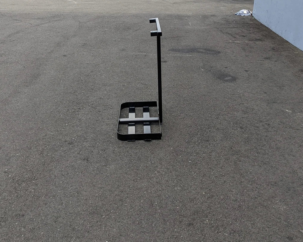 Metal utility rack designed for securely holding cargo and bags, custom fabricated for golf carts, featuring a compact flatbed base with vertical support, RAINBOW-BAG-RACK.